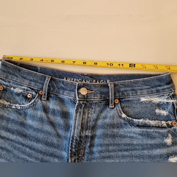 American Eagle High Waisted Strigid Lightly Distressed Relaxed Denim Jean Shorts - Picture 12 of 15